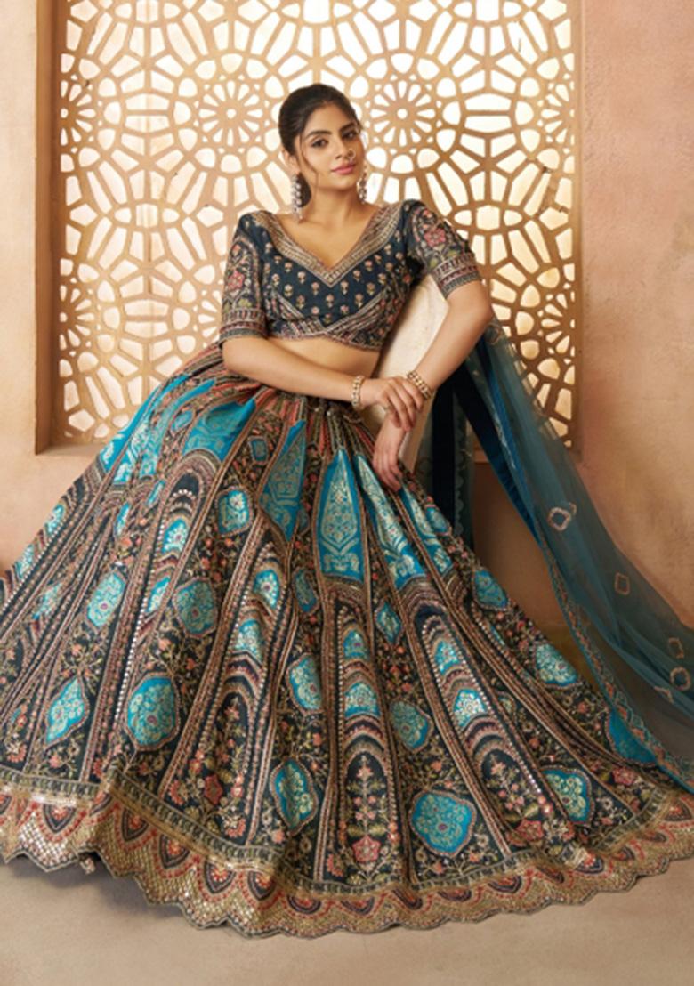 Blue Embroidered Banarasi Silk Bridal Lehenga Set With Dupatta