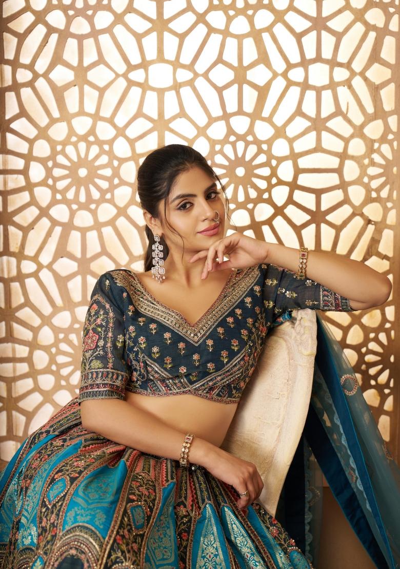 Blue Embroidered Banarasi Silk Bridal Lehenga Set With Dupatta