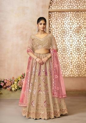 Chiku Brown Embroidered Banarasi Silk Bridal Lehenga Set With Dupatta