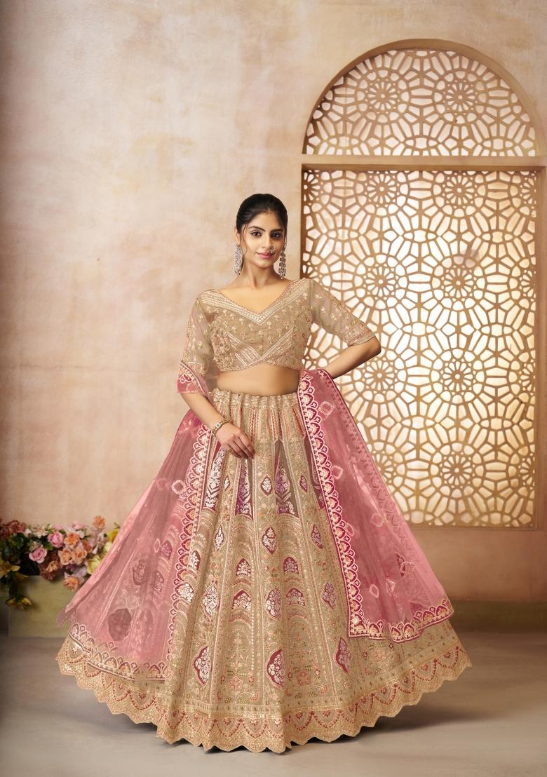 Chiku Brown Embroidered Banarasi Silk Bridal Lehenga Set With Dupatta