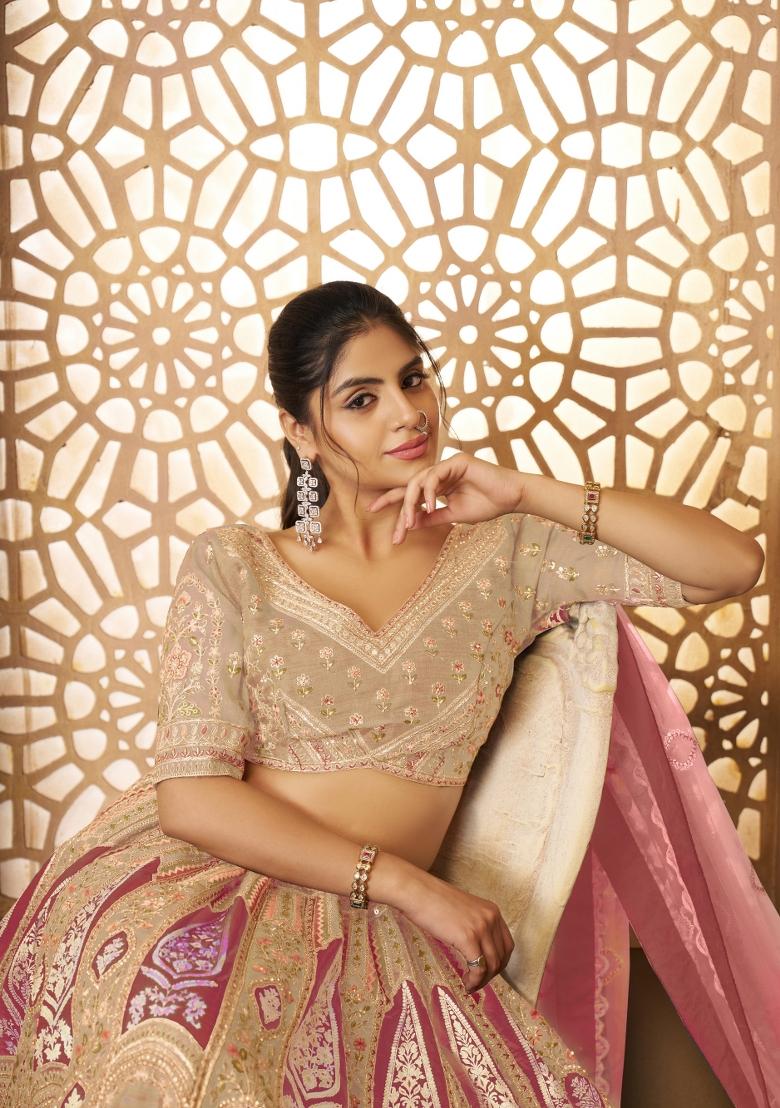 Chiku Brown Embroidered Banarasi Silk Bridal Lehenga Set With Dupatta