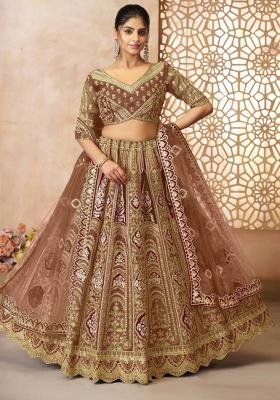Coffee Brown Embroidered Banarasi Silk Bridal Lehenga Set With Dupatta