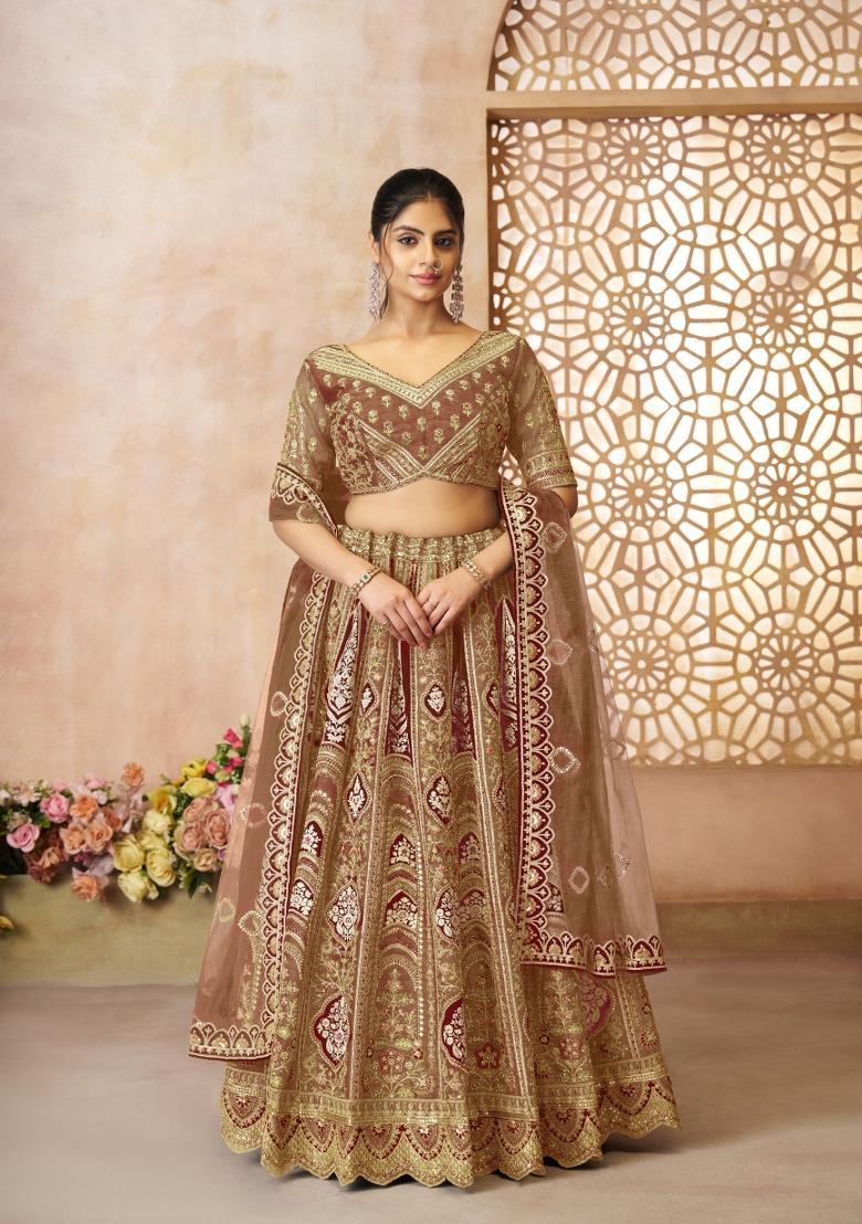 Coffee Brown Embroidered Banarasi Silk Bridal Lehenga Set With Dupatta