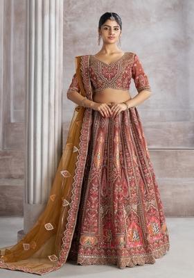 Coffee Brown Aari And Patch Work Banarasi Silk Bridal Lehenga Set With Dupatta