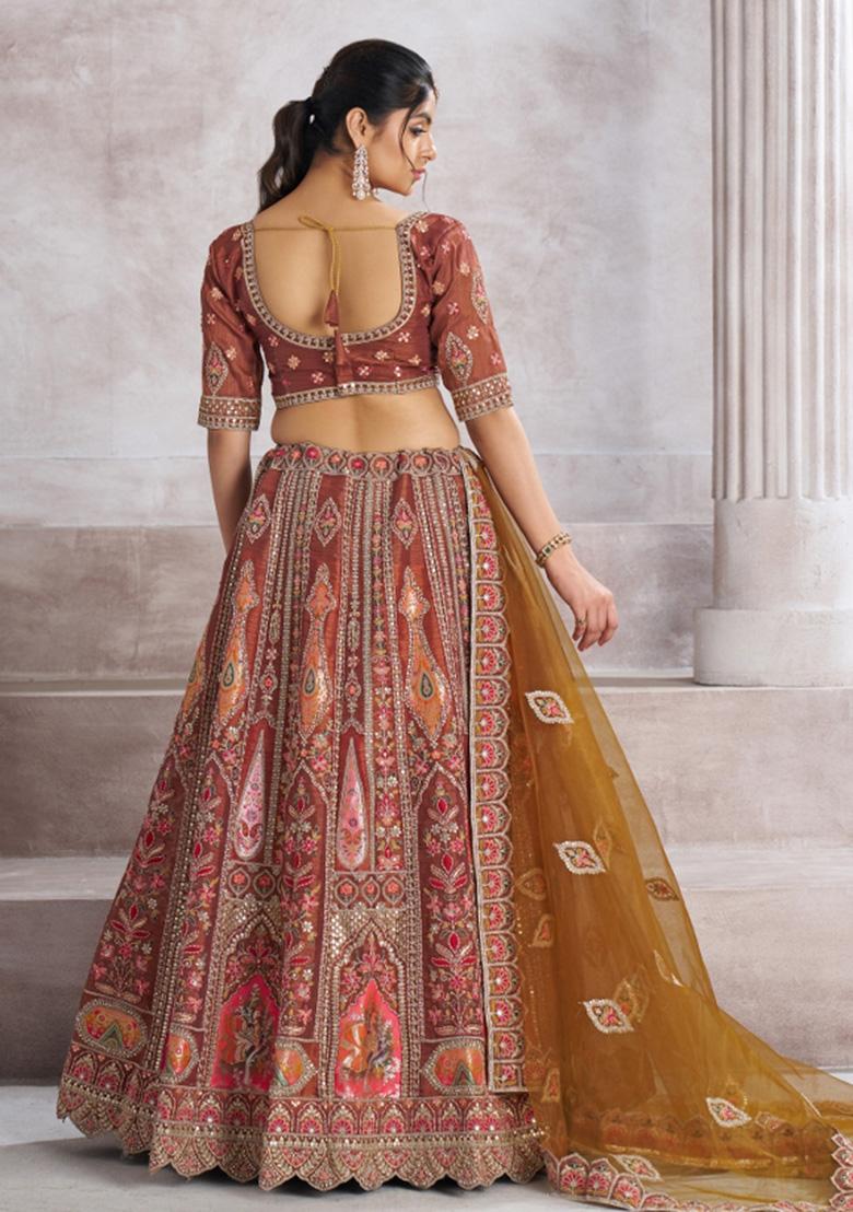 Coffee Brown Aari And Patch Work Banarasi Silk Bridal Lehenga Set With Dupatta