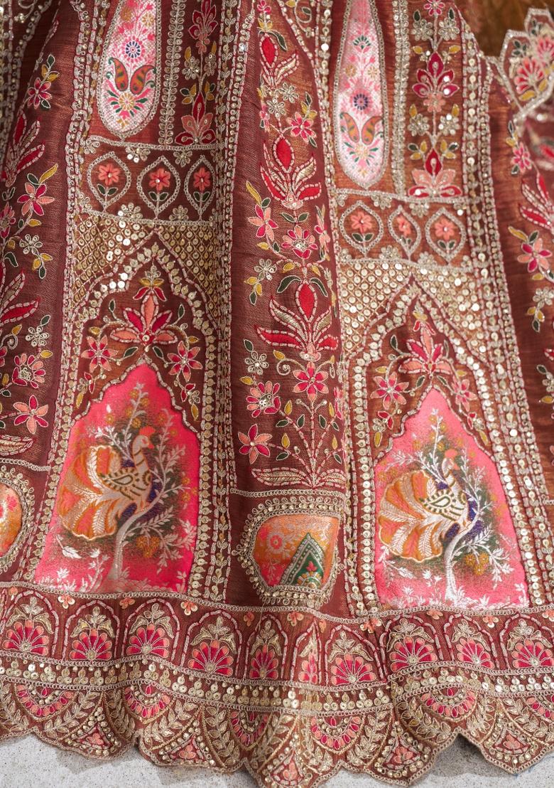 Coffee Brown Aari And Patch Work Banarasi Silk Bridal Lehenga Set With Dupatta