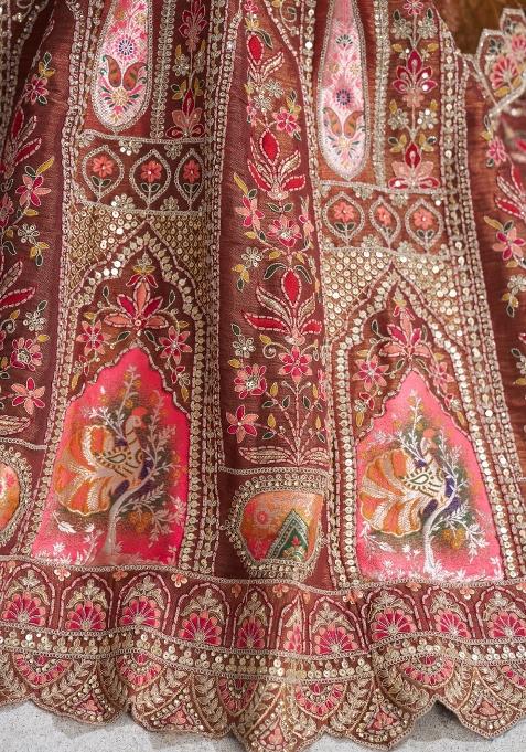 Coffee Brown Aari And Patch Work Banarasi Silk Bridal Lehenga Set With Dupatta