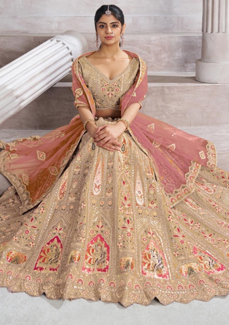 Chiku Brown Aari And Patch Work Banarasi Silk Lehenga Set With Dupatta