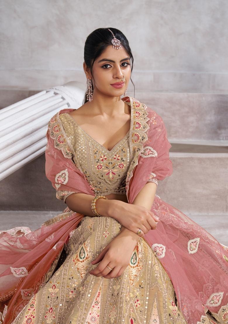 Chiku Brown Aari And Patch Work Banarasi Silk Lehenga Set With Dupatta