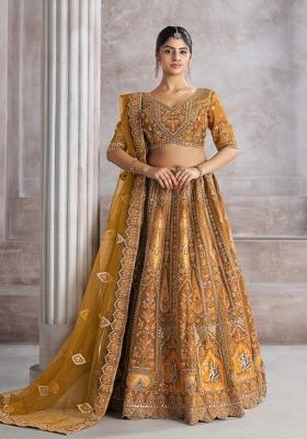 Mustard Yellow Aari And Patch Work Banarasi Silk Bridal Lehenga Set With Dupatta