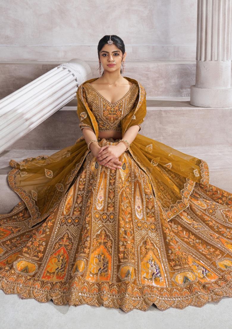Mustard Yellow Aari And Patch Work Banarasi Silk Bridal Lehenga Set With Dupatta