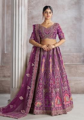 Purple Aari And Patch Work Banarasi Silk Bridal Lehenga Set With Dupatta
