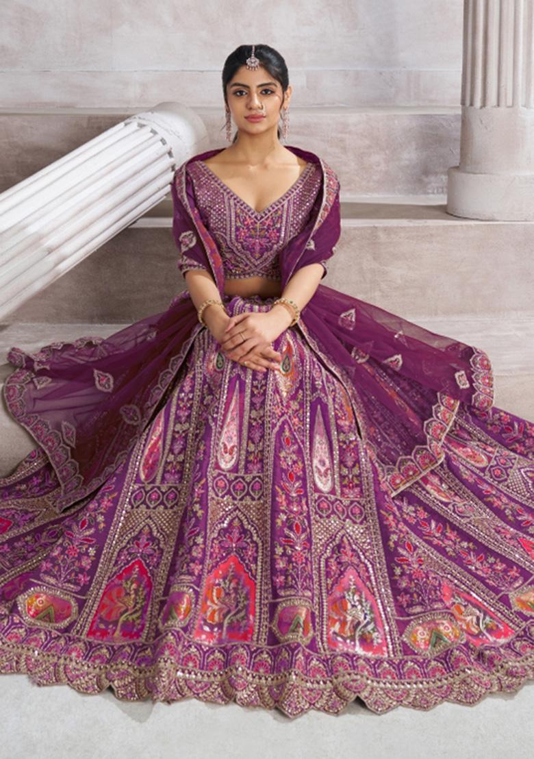 Purple Aari And Patch Work Banarasi Silk Bridal Lehenga Set With Dupatta