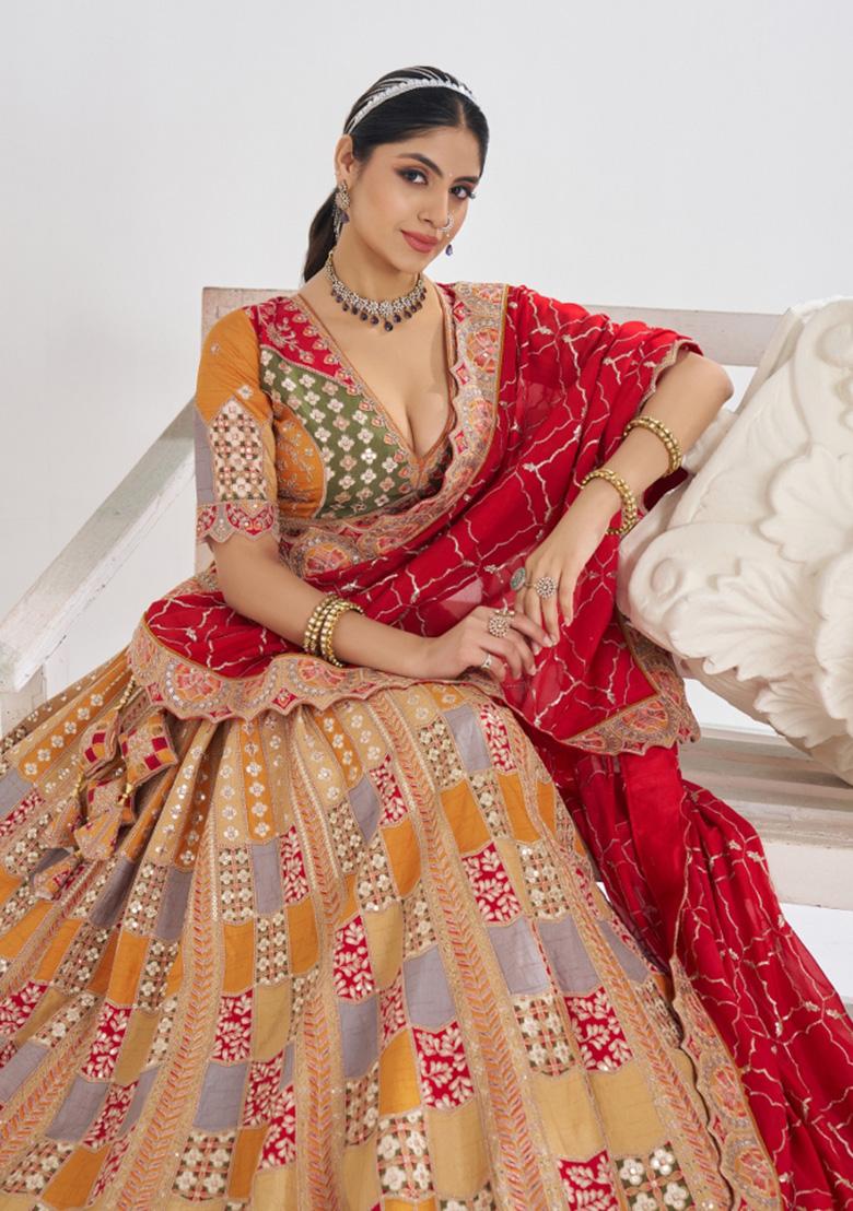 Mustard Yellow Printed Silk Lehenga Set With Dupatta