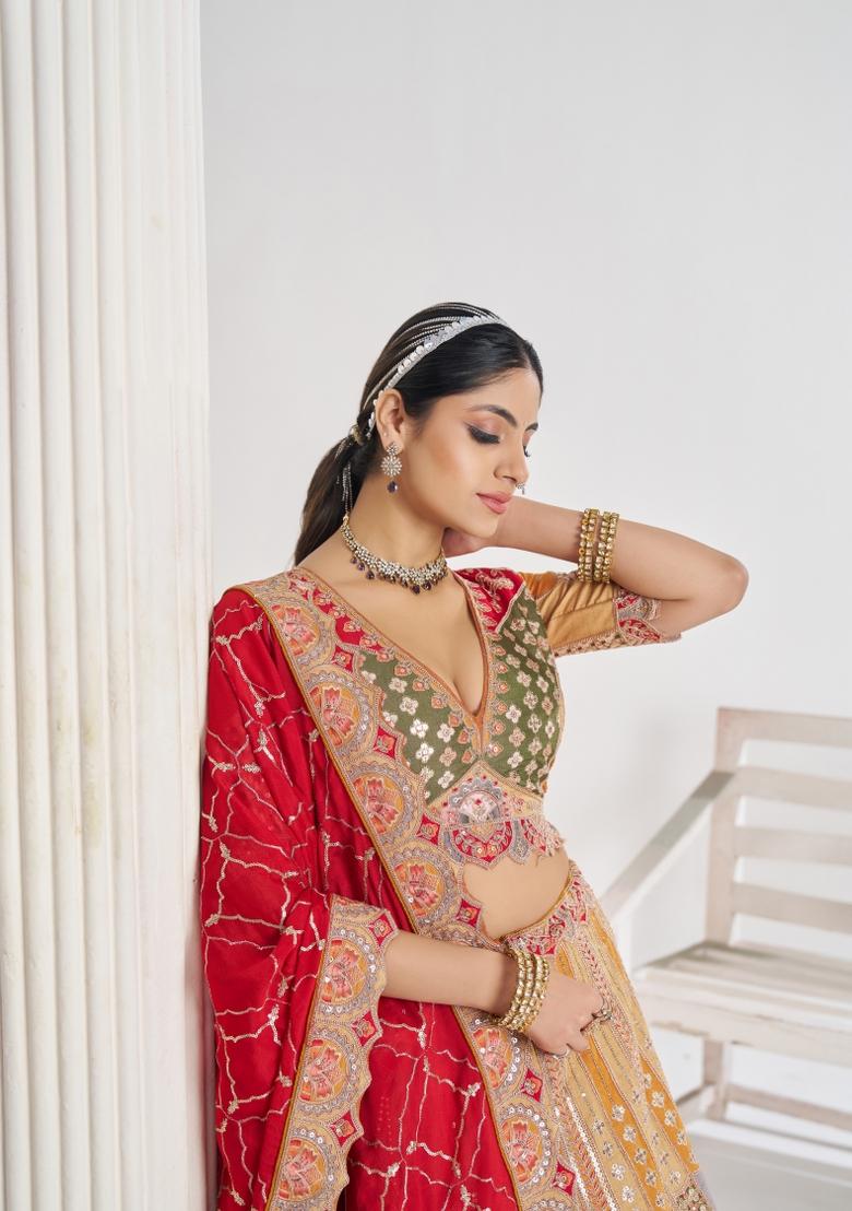 Mustard Yellow Printed Silk Lehenga Set With Dupatta