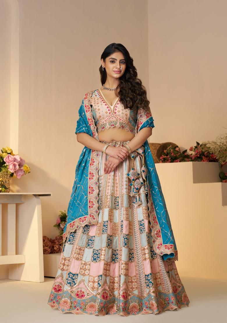 Multicolor Printed Silk Lehenga Set With Dupatta