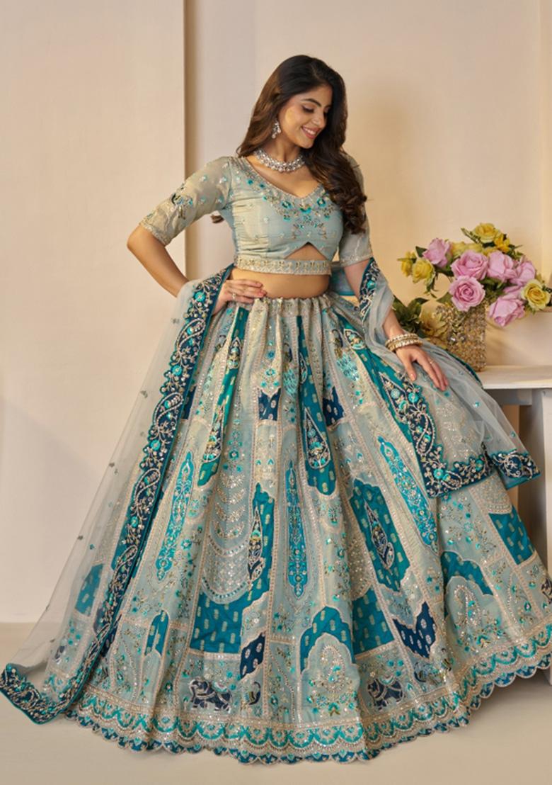 Sky Blue Aari And Patch Work Banarasi Silk Bridal Lehenga Set With Dupatta