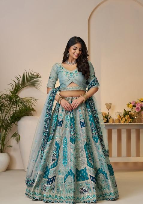 Sky Blue Aari And Patch Work Banarasi Silk Bridal Lehenga Set With Dupatta