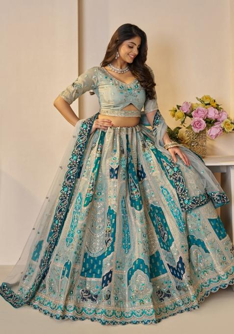 Sky Blue Aari And Patch Work Banarasi Silk Bridal Lehenga Set With Dupatta