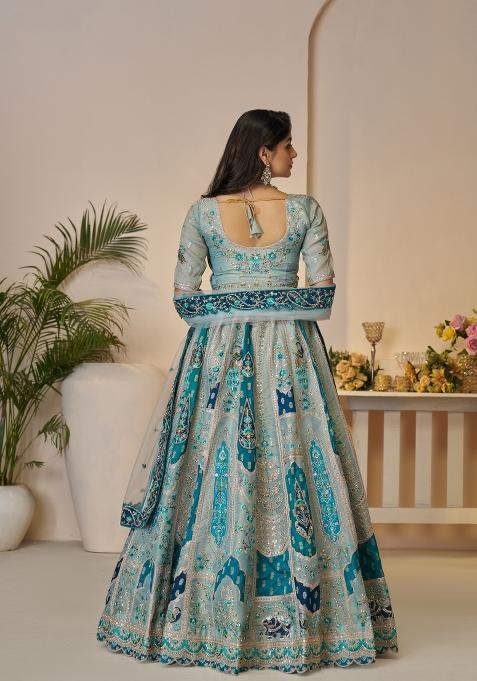 Sky Blue Aari And Patch Work Banarasi Silk Bridal Lehenga Set With Dupatta