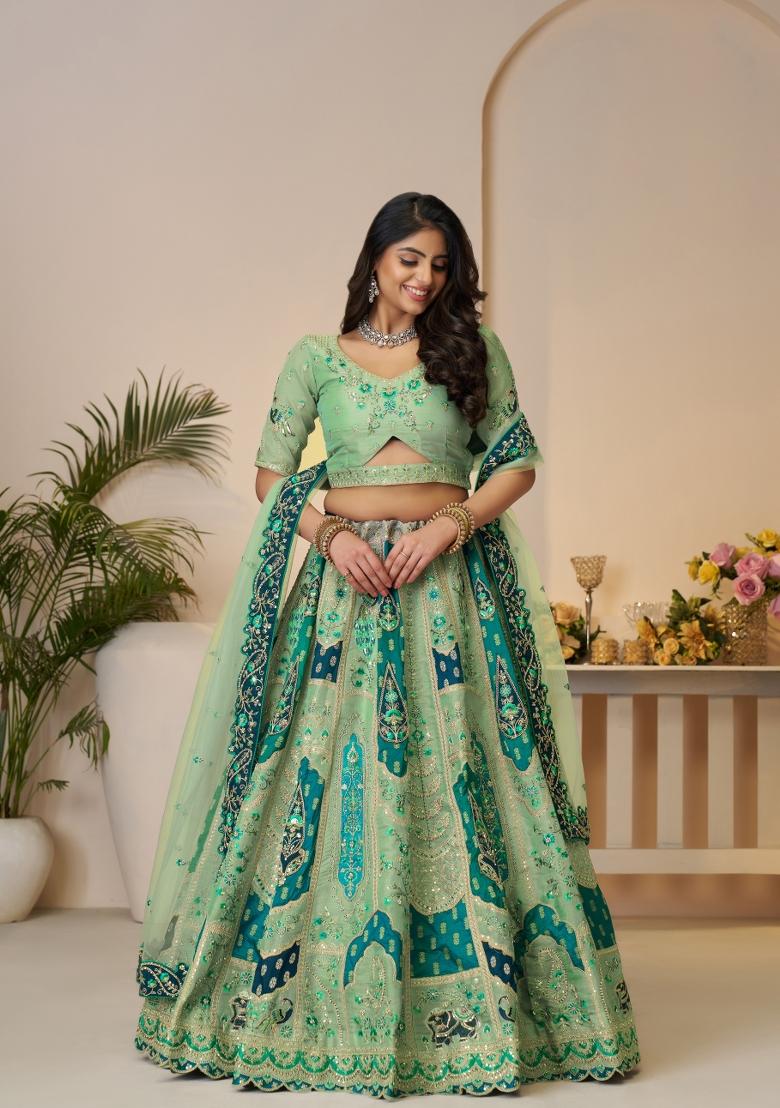 Green Embroidered Banarasi Silk Bridal Lehenga Set With Dupatta