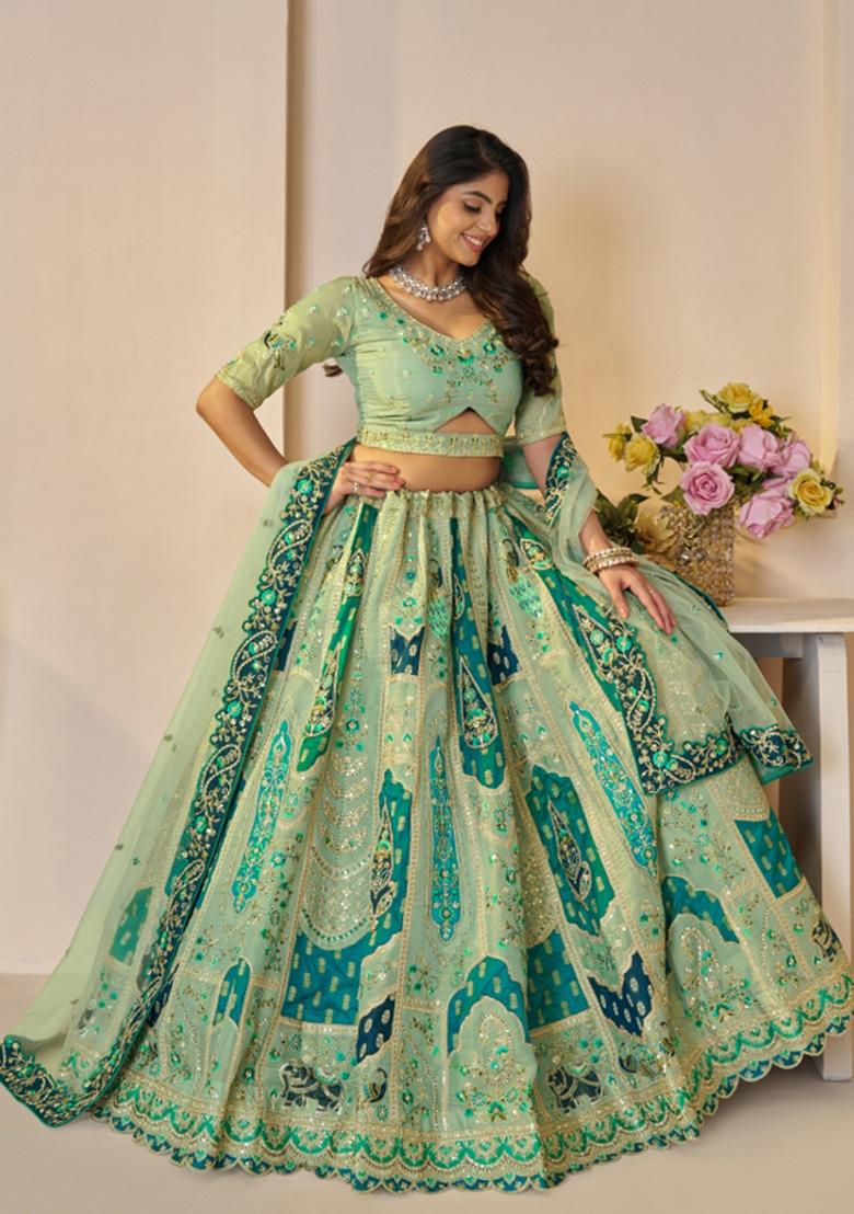 Green Embroidered Banarasi Silk Bridal Lehenga Set With Dupatta