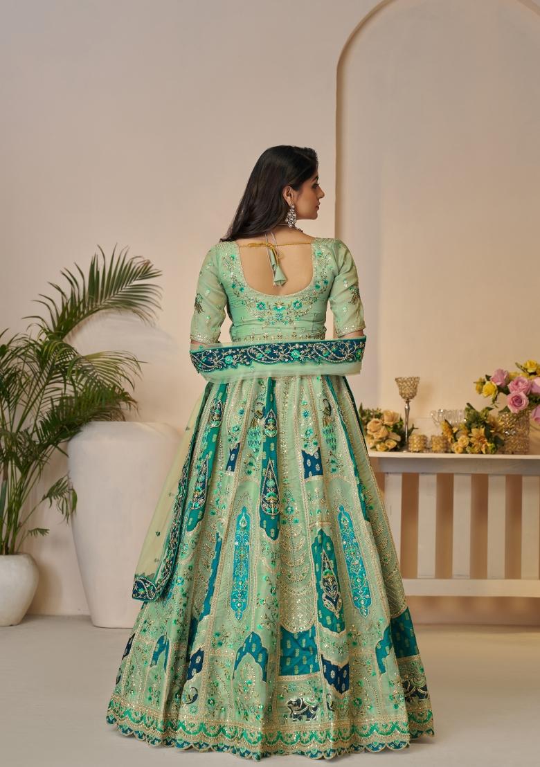 Green Embroidered Banarasi Silk Bridal Lehenga Set With Dupatta