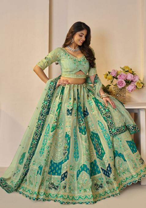 Green Embroidered Banarasi Silk Bridal Lehenga Set With Dupatta