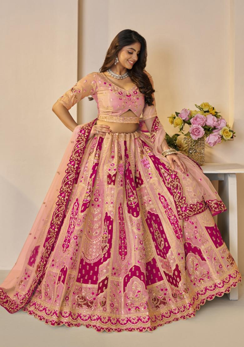 Orange Embroidered Banarasi Silk Lehenga Set With Dupatta