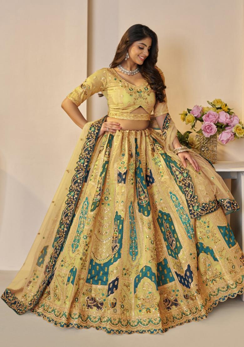 Yellow Embroidered Net Lehenga Set With Dupatta