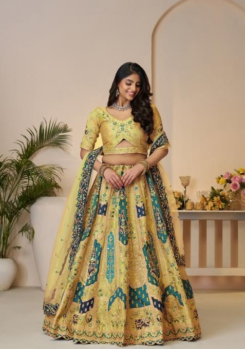 Yellow Embroidered Net Lehenga Set With Dupatta