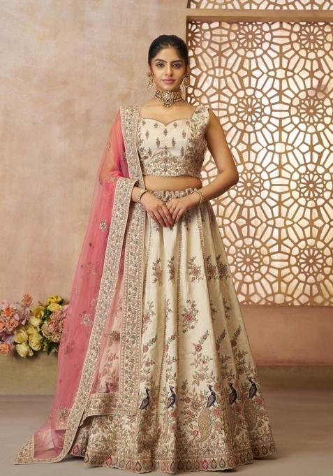 White Embroidered Silk Bridal Lehenga Set With Dupatta