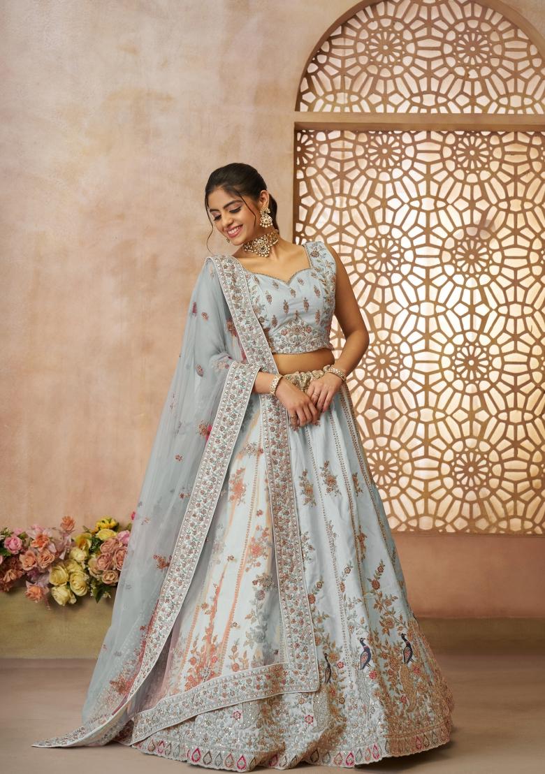 Sky Blue Embroidered Silk Lehenga Set With Dupatta