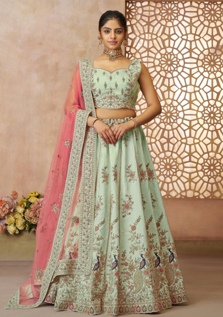 Green Embroidered Silk Wedding Lehenga Set With Dupatta