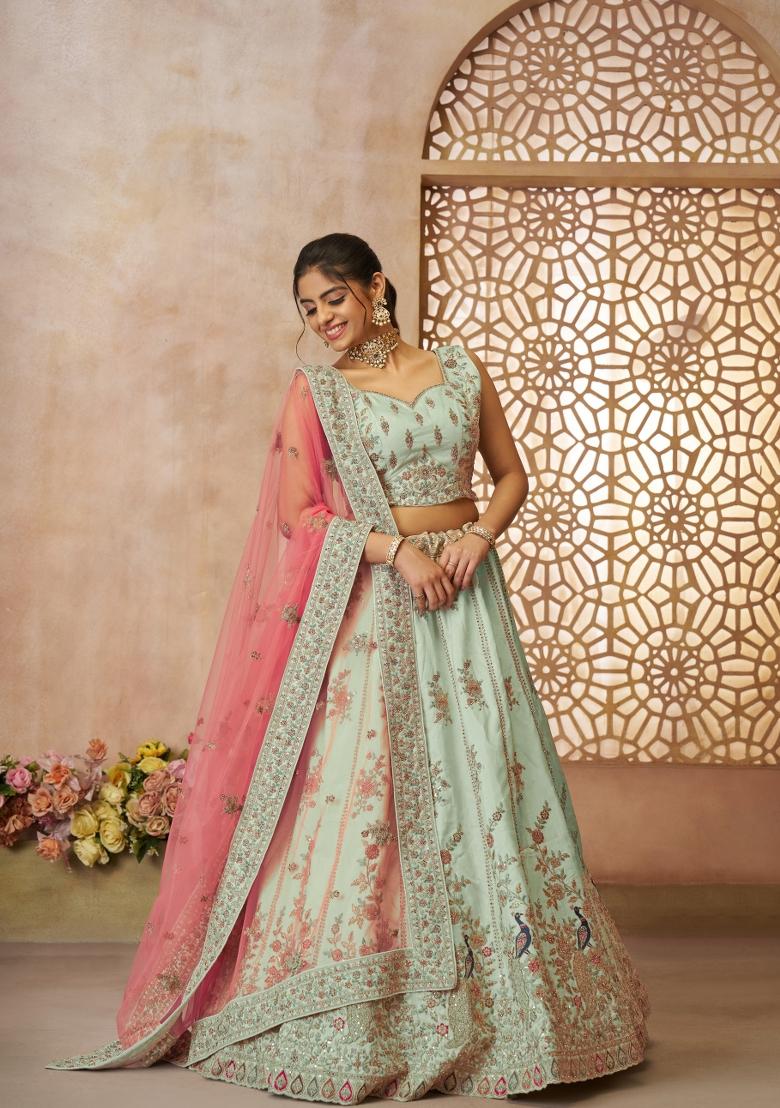 Green Embroidered Silk Wedding Lehenga Set With Dupatta
