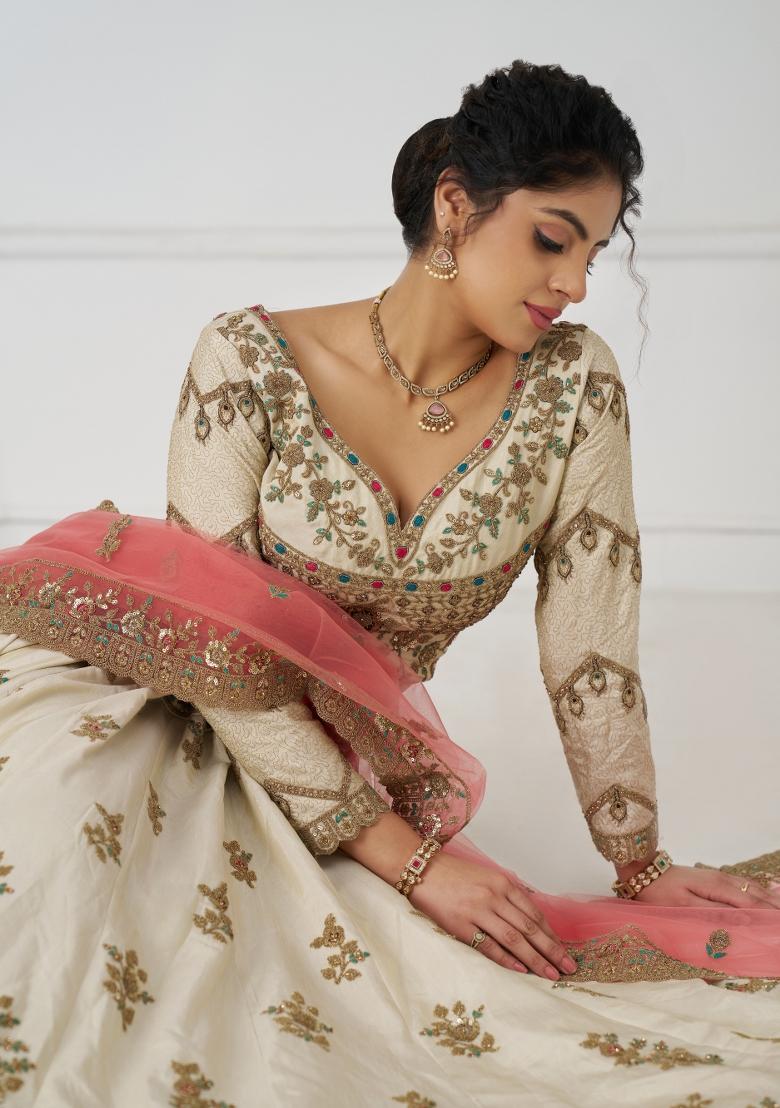White Embroidered Silk Bridal Lehenga Set With Dupatta