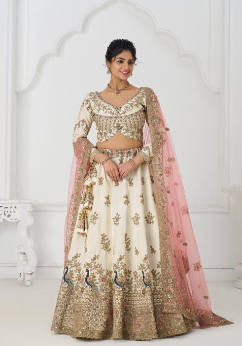 White Embroidered Silk Bridal Lehenga Set With Dupatta