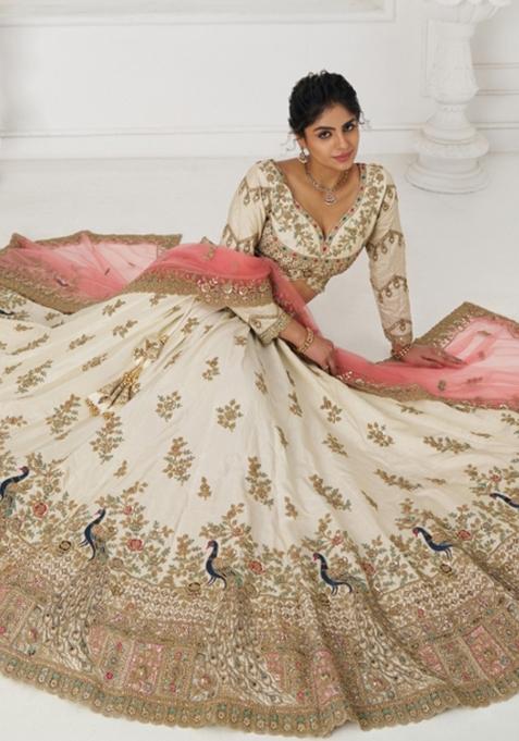White Embroidered Silk Bridal Lehenga Set With Dupatta
