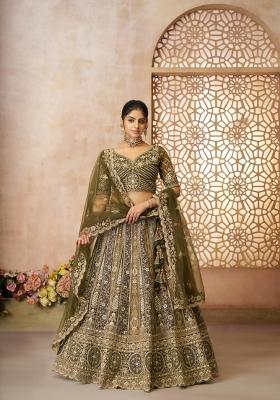 Mehendi Green Aari And Patch Work Net Bridal Lehenga Set With Dupatta