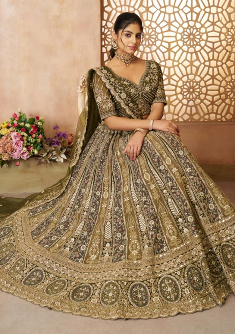 Mehendi Green Aari And Patch Work Net Bridal Lehenga Set With Dupatta