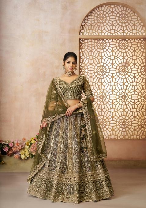 Mehendi Green Aari And Patch Work Net Bridal Lehenga Set With Dupatta