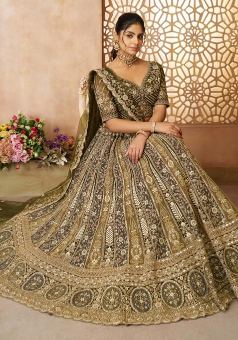 Mehendi Green Aari And Patch Work Net Bridal Lehenga Set With Dupatta