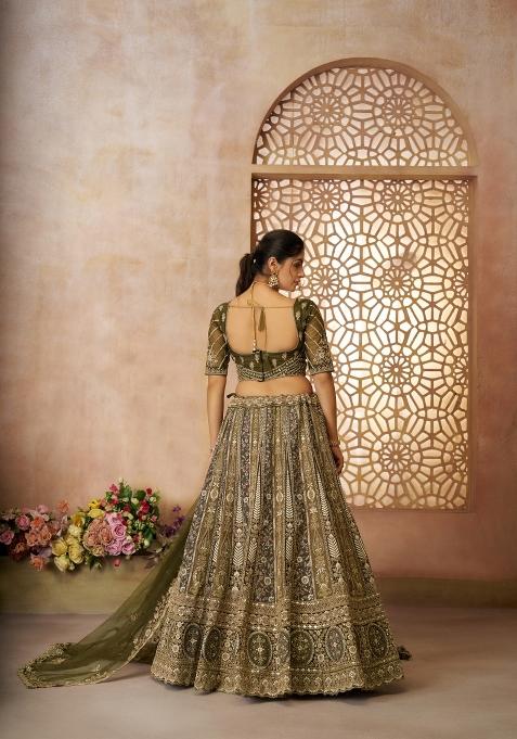 Mehendi Green Aari And Patch Work Net Bridal Lehenga Set With Dupatta