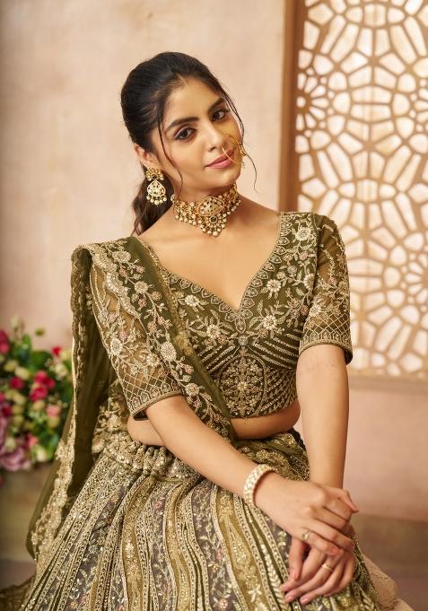 Mehendi Green Aari And Patch Work Net Bridal Lehenga Set With Dupatta