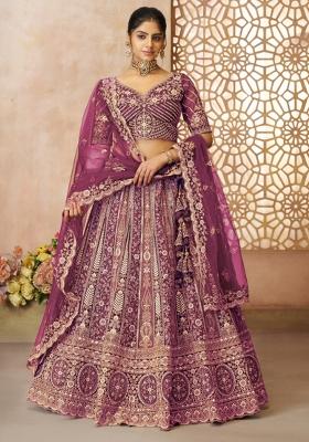 Dark Purple Aari And Patch Work Net Bridal Lehenga Set With Dupatta
