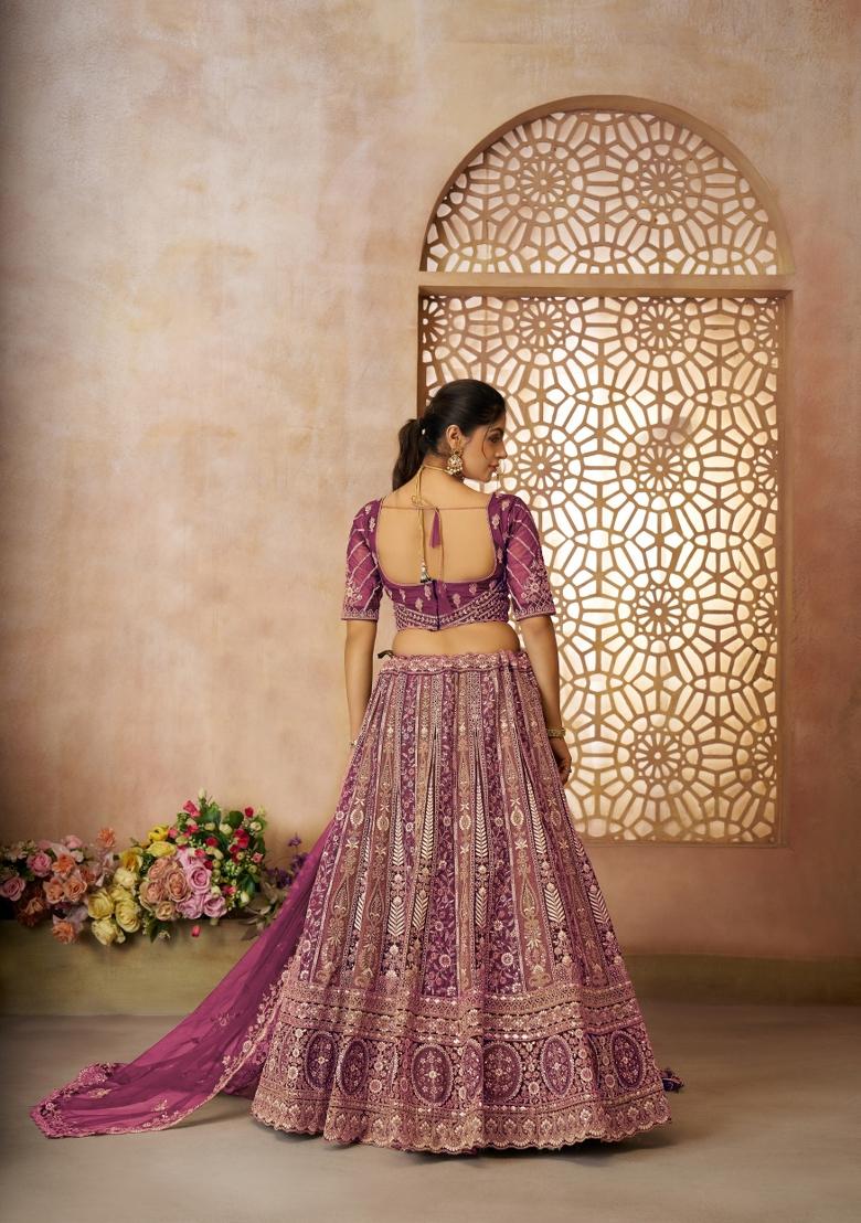 Dark Purple Aari And Patch Work Net Bridal Lehenga Set With Dupatta