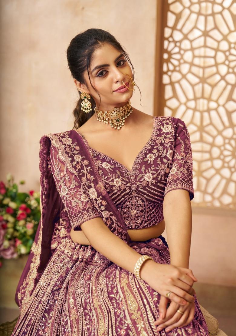 Dark Purple Aari And Patch Work Net Bridal Lehenga Set With Dupatta