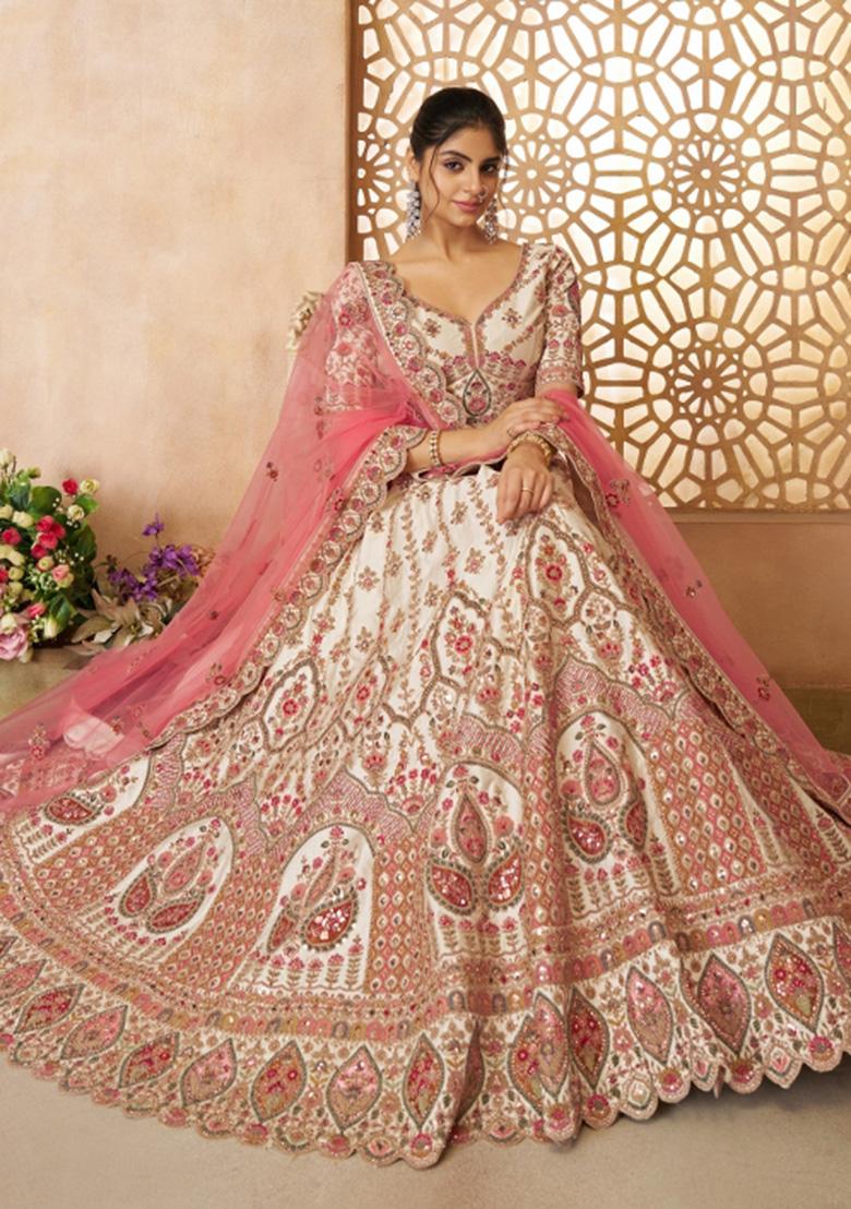 White Embroidered Silk Bridal Lehenga Set With Dupatta