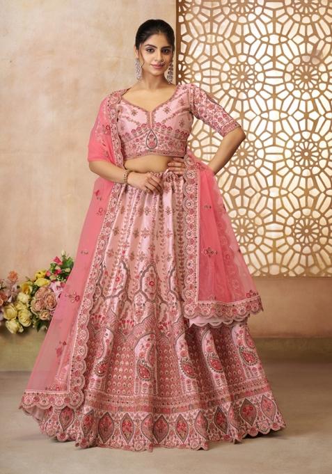 Pink Embroidered Silk Wedding Lehenga Set With Dupatta