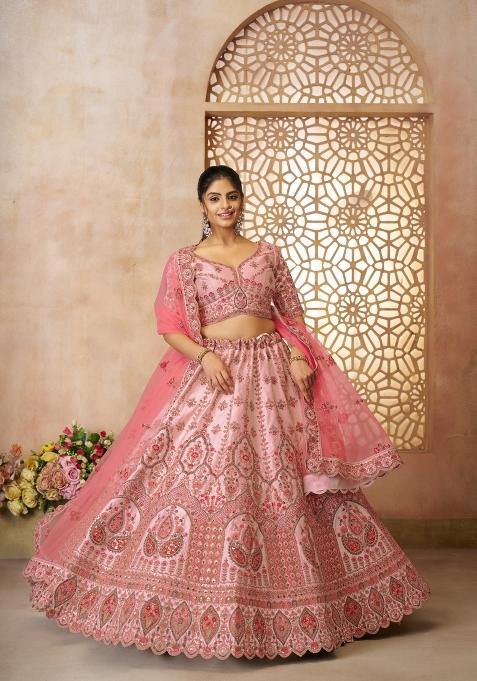 Pink Embroidered Silk Wedding Lehenga Set With Dupatta